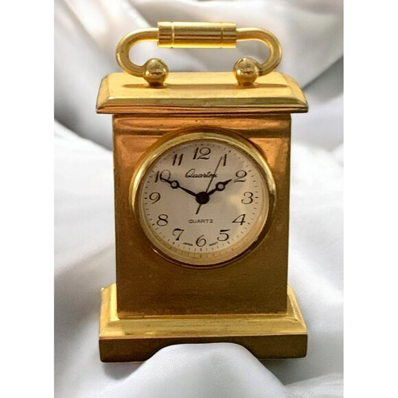 Vtg Quartex Miniature Gold-Tone Quartz Table Clock Handle Mini Mantel - Picture 6 of 8